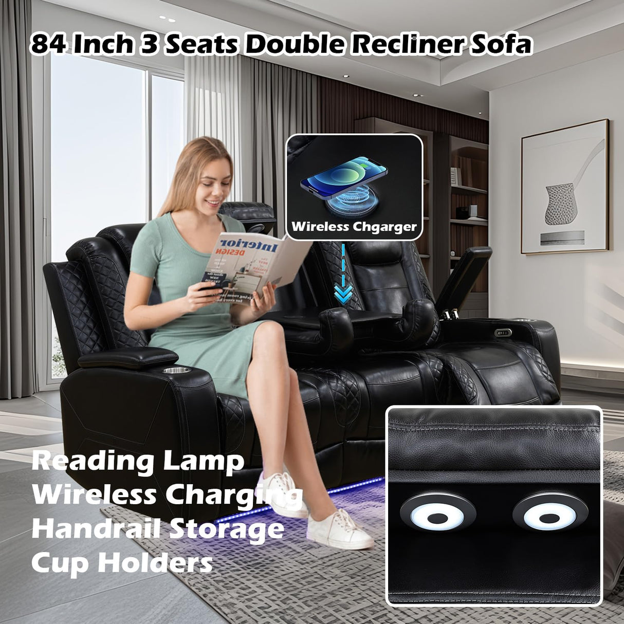 SIENWIEY Power Recliner Sofa Set with LED Lights for Living Room Furniture Set, Black Leather Reclining Couch Set, Recliner Couch with USB Port and Cup Holders,Sofa+Loveseat+Chair SIENWIEY
