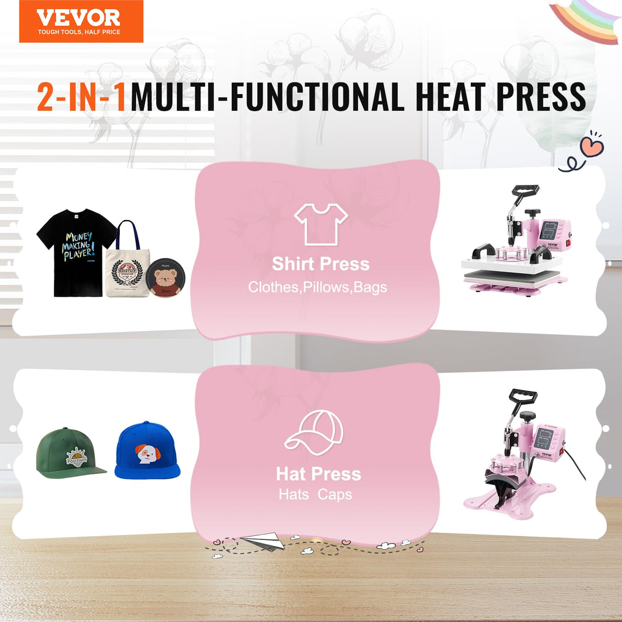 VEVOR 2 in 1 Heat Press Machine with Hat Heat Press, 12x10 T Shirt Press Machine, Professional 360° Swing Away Sublimation Heat Press for T Shirt Hat Cap Pillow Bag Pad (Pink & White) VEVOR