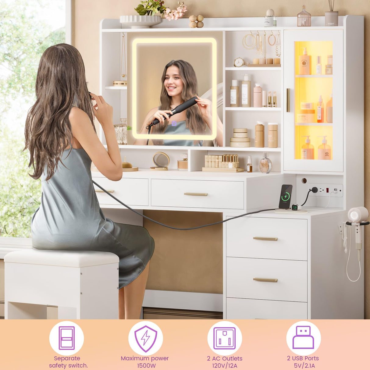 DICTAC Makeup Vanity Desk with Sliding LED Lighted Mirror, 47.2"W Large Vanity Desk with Drawers, Shelves and Side Storage, RGB Glass Cabinet, White Vanity Table Set with Charging Station for Bedroom DICTAC