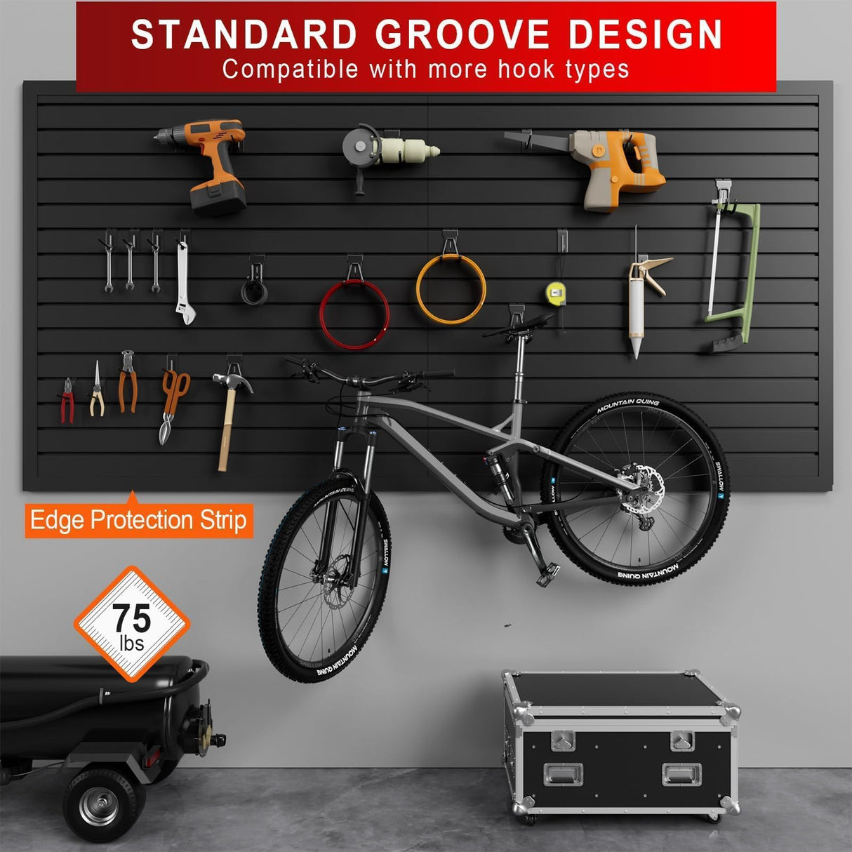 Ginchain 4'H x 8'W Slatwall Panel Garage Wall Organizer with 14 Hooks, Heavy Duty Interlocking Slat Wall Paneling Sheets, Garage Slatwall for Tool Organization Mounted Storage Systems Black Ginchain