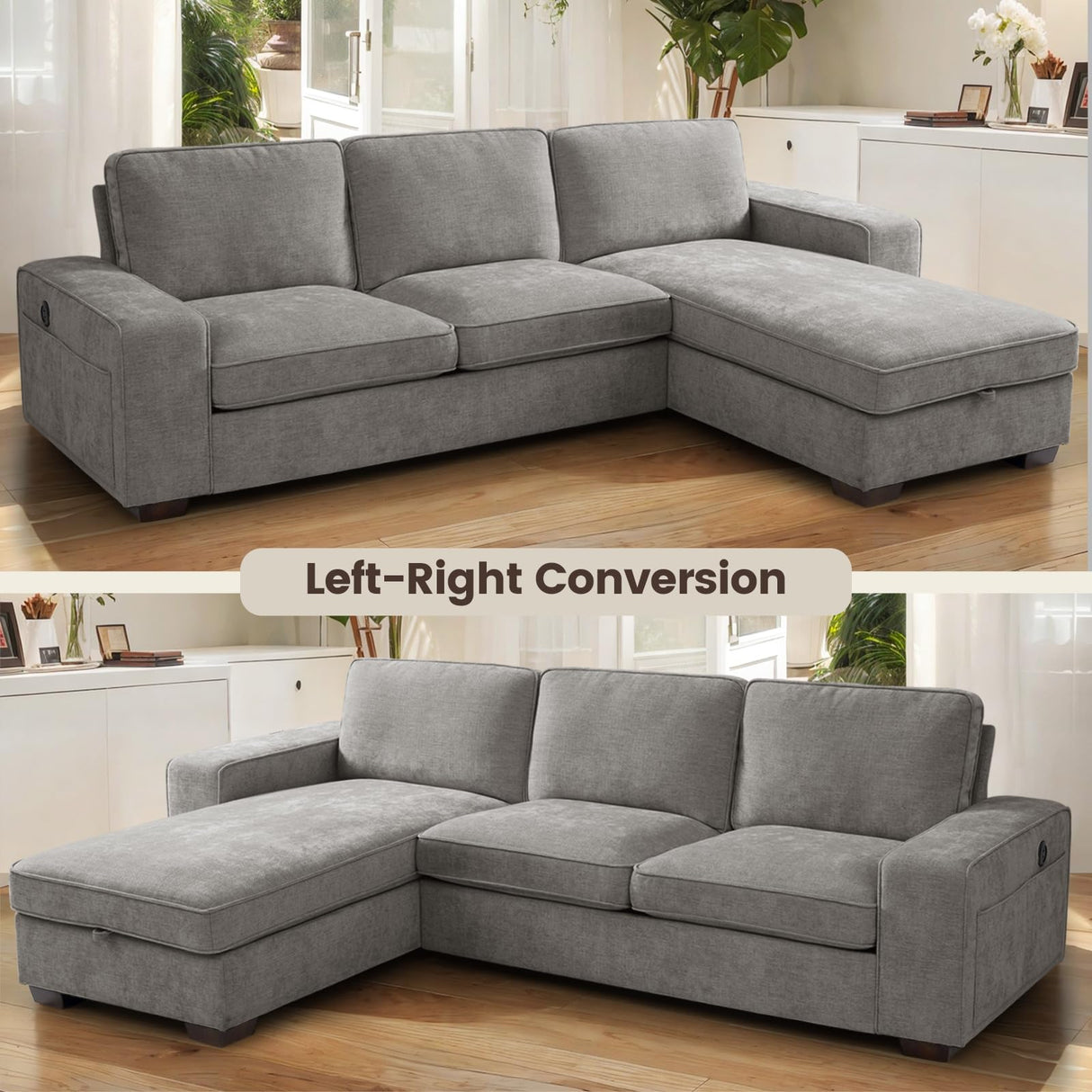 PARKOL 102" L-Shaped Sectional Couch with Storage, Sofa with Reversible Chaise, USB Type-C Charging, Chenille Fabric, Removable Cushion Covers, for Small Space, Apartment, Living Room, Light Gray PARKOL