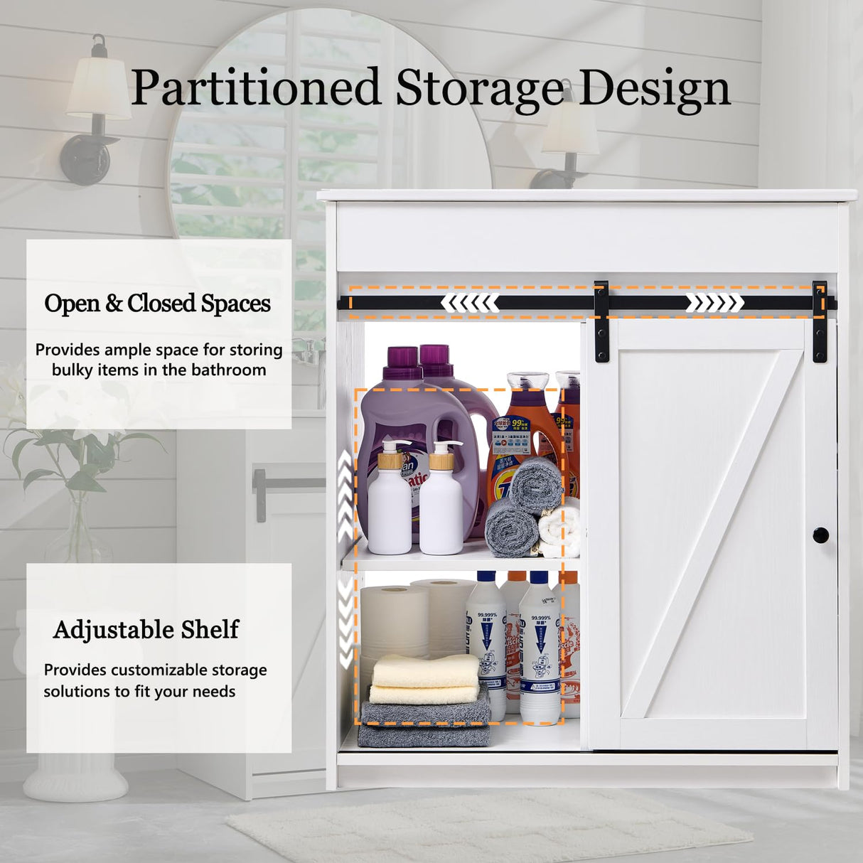 30" Farmhouse Bathroom Vanity with Sink, Bathroom Vanity w/Sliding Barn Door, Modern Bathroom Cabinet w/3 Drawers & Adjustable Shelves,Floor Standing Bathroom Vanity w/Metal Handle, White Aitjunz