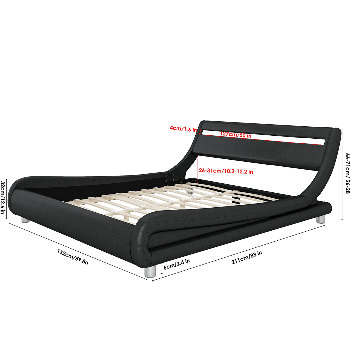 Keyluv Upholstered Full LED Bed Frame with Headboard, Modern Low Profile Platform Bed with Strong Slats Support, Faux Leather Wave-Like Bed Frame, Easy Assembly, No Box Spring Needed, Black Keyluv