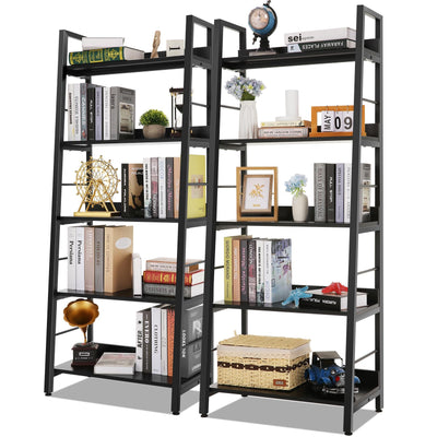 Himimi Black Ladder Bookshelf, 5 Shelf Bookcase Industrial Bookshelf Wood and Metal Bookshelves, Plant Flower Stand Rack Book Storage Shelves for Living Room, Bedroom, Home Office (2 PCS)