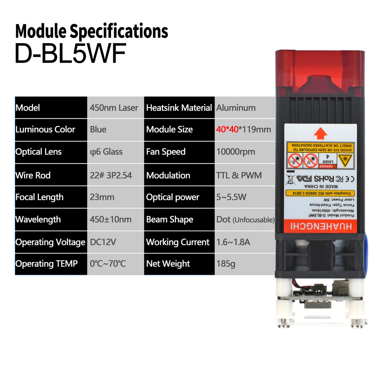 HUAHENGCHI 5000mW(5W) Laser Engraver Module w/Wind Gathering Hood, 450nm 23mm Fix Focus Laser Head for CNC Machines, DIY Laser Engraving Tool Suitable for Metal Wood Acrylic Paper, Class 4, 12V HUAHENGCHI