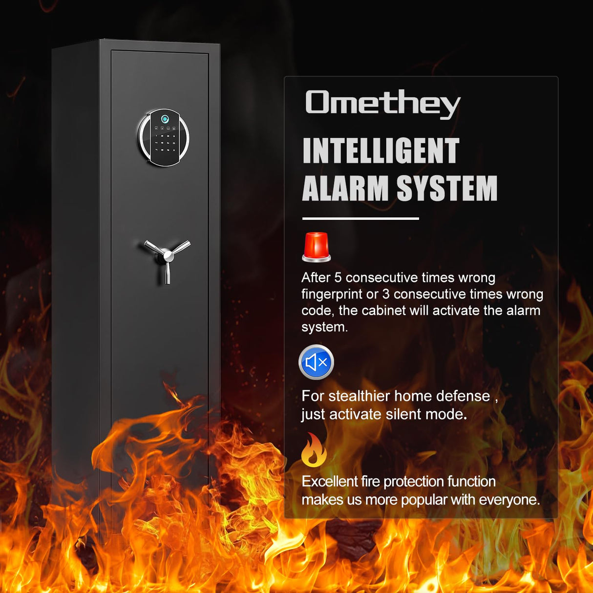 Omethey Fireproof Gun Safe, 5 Gun Heavy Biometric Fingerprint Rifle Safe, Gun Safes for Home Rifle and Pistols with LCD Screen Keypad and Silent Mode, 3 Adjustable Gun Slots Omethey
