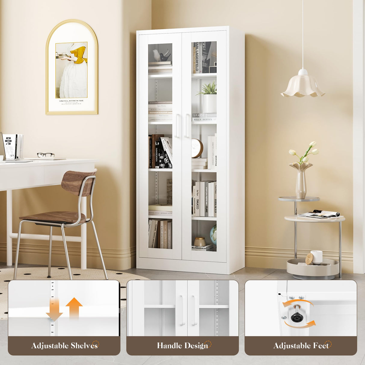 Yizosh Display Cabinet with Glass Doors, 5-Tier Curio Cabinet with 4 Adjustable Shelves, 67" Display Case for Home, Living Room, Assemble Required (White) Yizosh