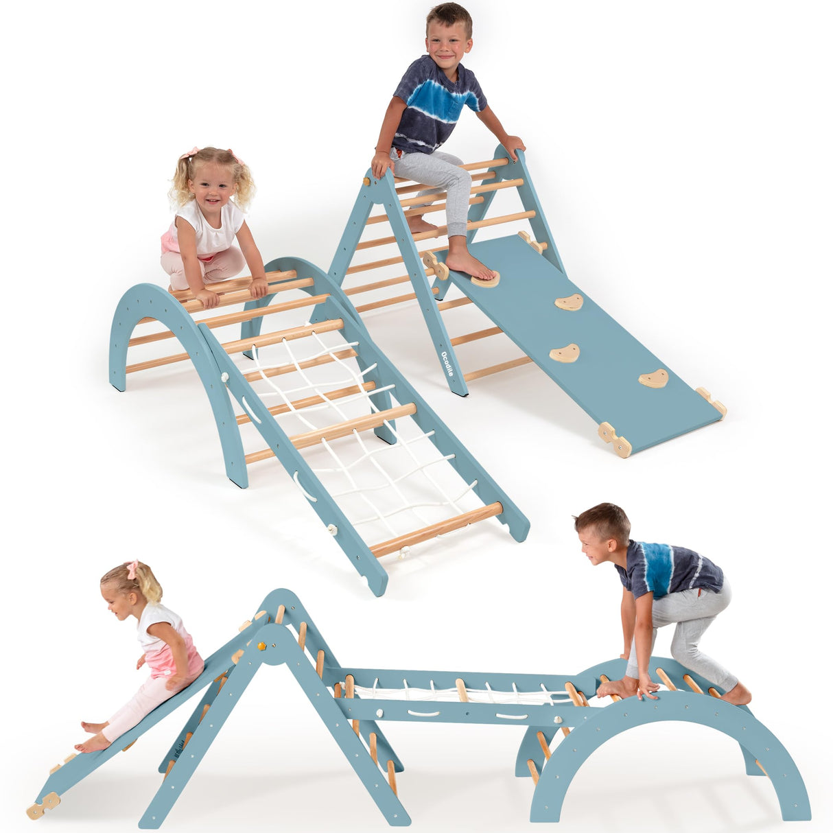 Ocodile Extra-Large 6-in-1 Pikler Triangle Climbing Set – Oversized Montessori Climbing Toys for Toddlers – Spacious Indoor Wooden Play Gym for Kids Ages 2-6 – Blue Ocodile