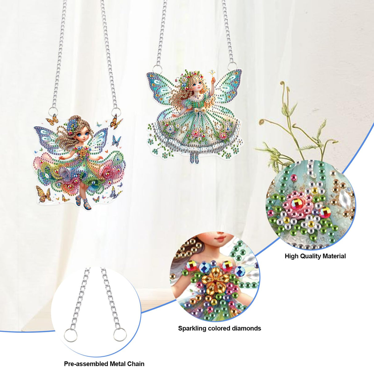 2 Pcs Diamond Painting Fairy Ornaments – DIY Acrylic Hanging Decorations with Chains, Cute Butterfly Flower Elf Girl Design for Home Decor, Gifts, and Crafts antor