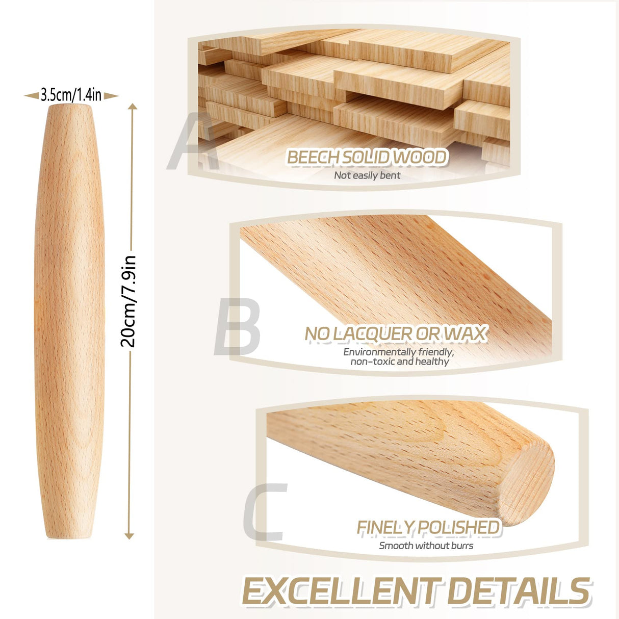 French Rolling Pin for Baking - Tuyotue 7.9 Inches Beech Wood Tapered Rolling Pin Dough Roller for Pizza Dough, Pie Crust Cookie Fondant Dumpling Tuyotue