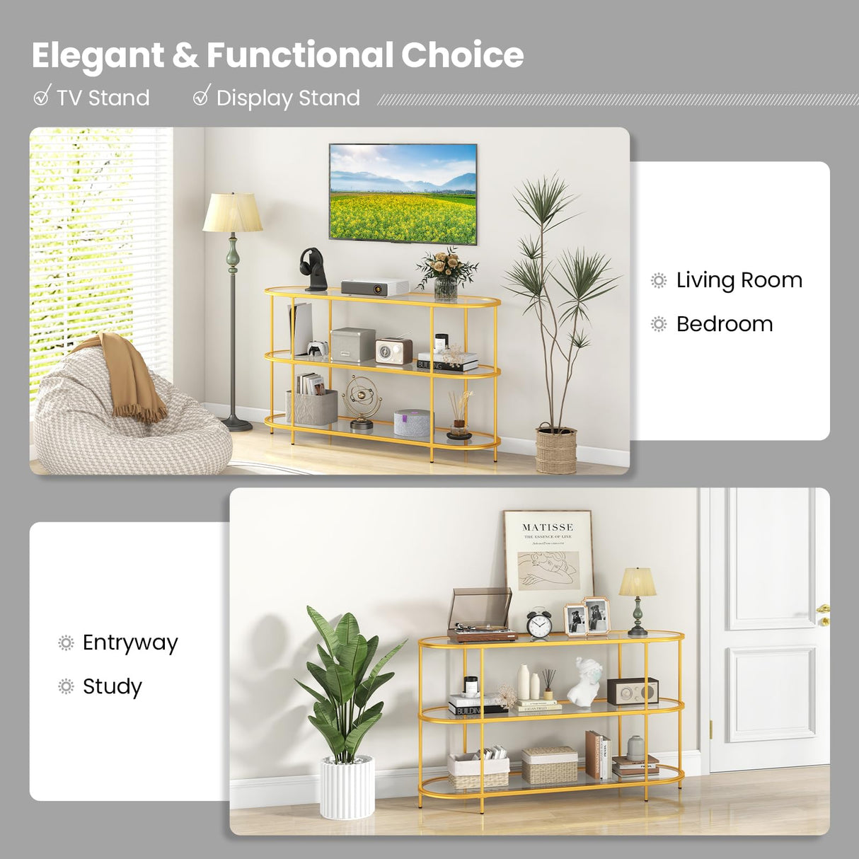 Tangkula Gold TV Stand for TVs up to 65”, 55” 3-Tier TV Console Table with Tempered Glass Shelves & Golden Metal Frame, Modern Media Entertainment Center for Living Room & Entryway, Gold (55”, Oval) Tangkula