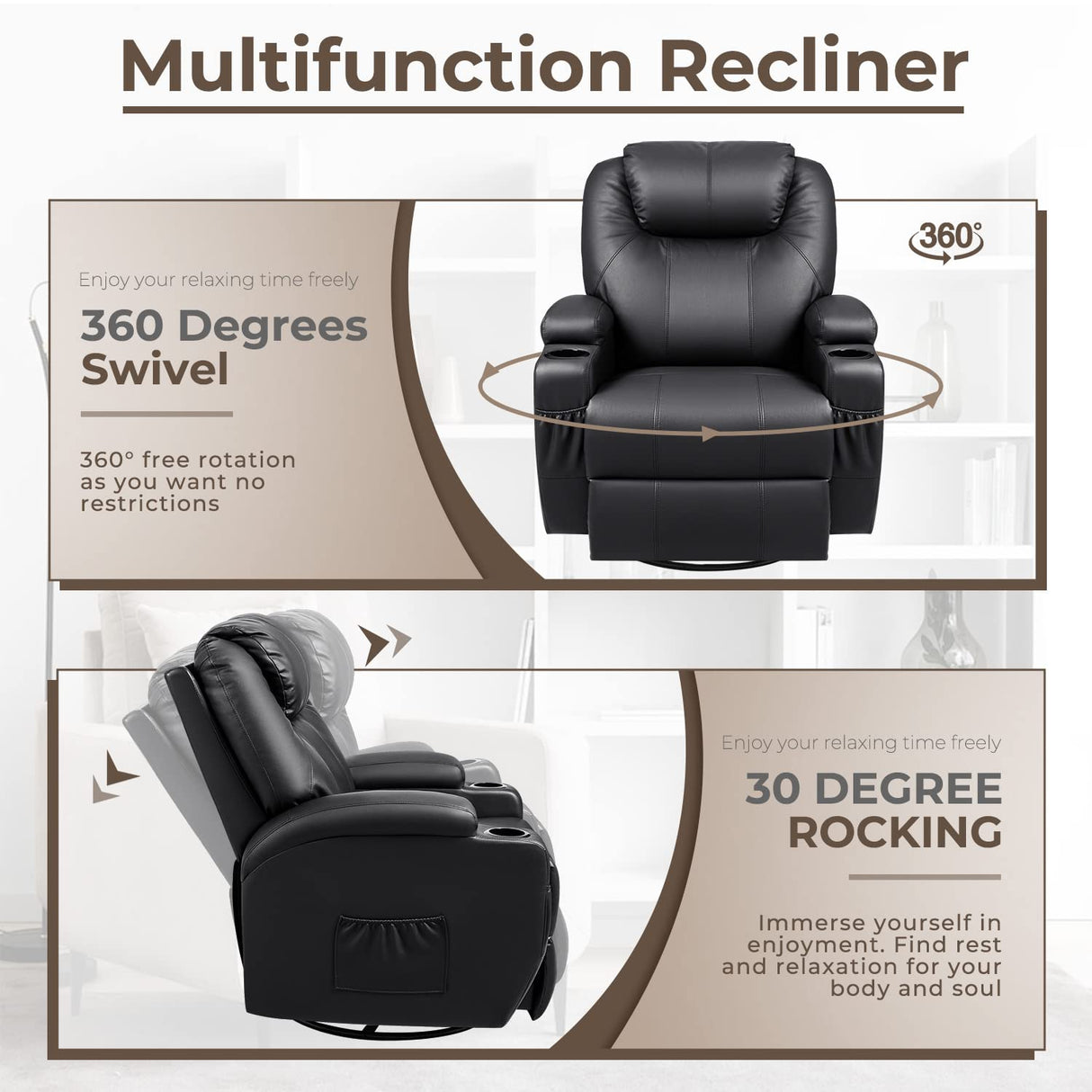 Furniwell Rocker Recliner Chair with Massage for Elderly, Leather Adjustable 360°Swivel Rocking Sofa for Living Room with Remote Control, Cup Holders (Black) Furniwell