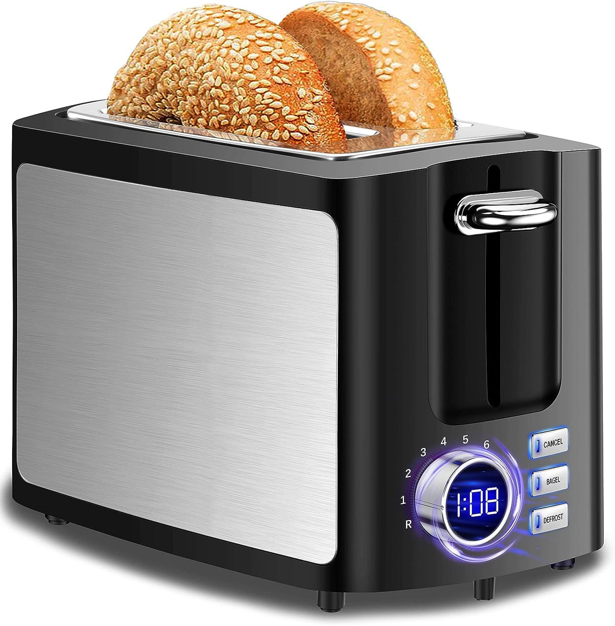 Toaster 2 Slice Wide Slot Toaster Best Rated Prime Displav Smart Toasters with LCD Digital Countdown Timer and Bagel/Defrost/Cancel/Reheat Function Hommater