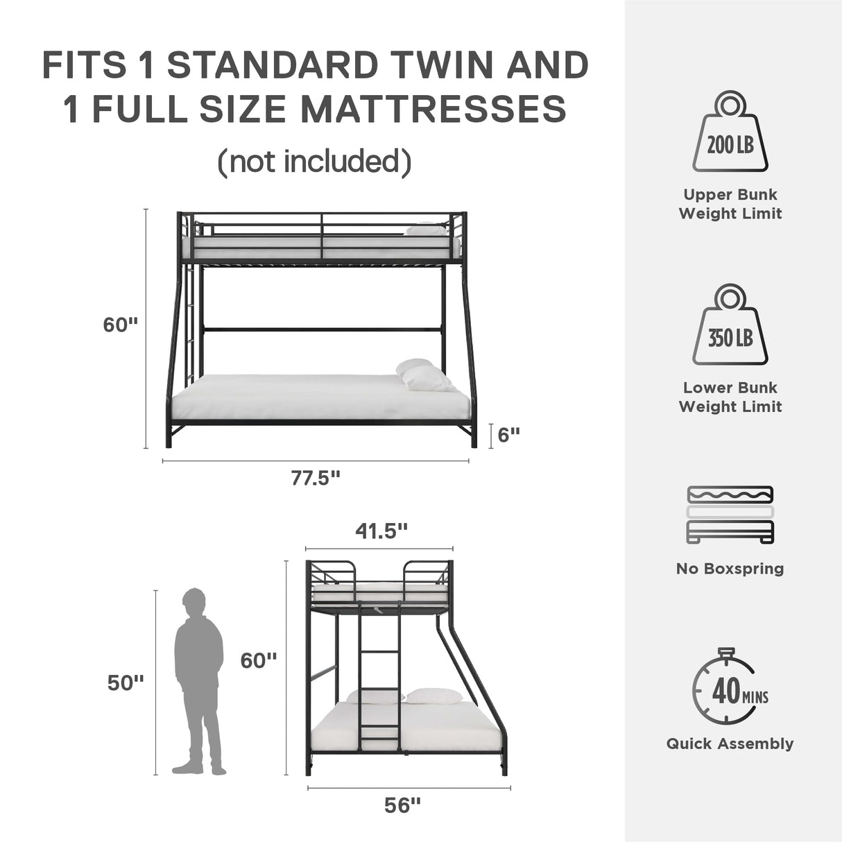 DHP Daven Quick-Assembly Twin-Over-Full Metal Bunk Bed with Ladder and Guardrails, Black DHP
