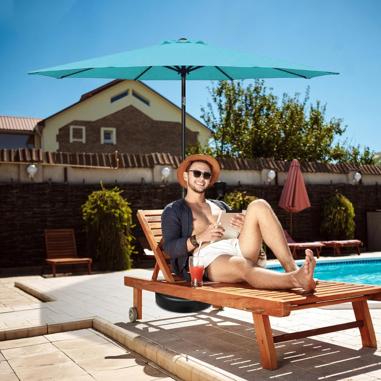 HealSmart 9' Outdoor Patio Umbrella, Market Table Umbrella with 8 Sturdy Ribs, Push Button Tilt and Crank for Garden, Yard, Pool, Turquoise HealSmart