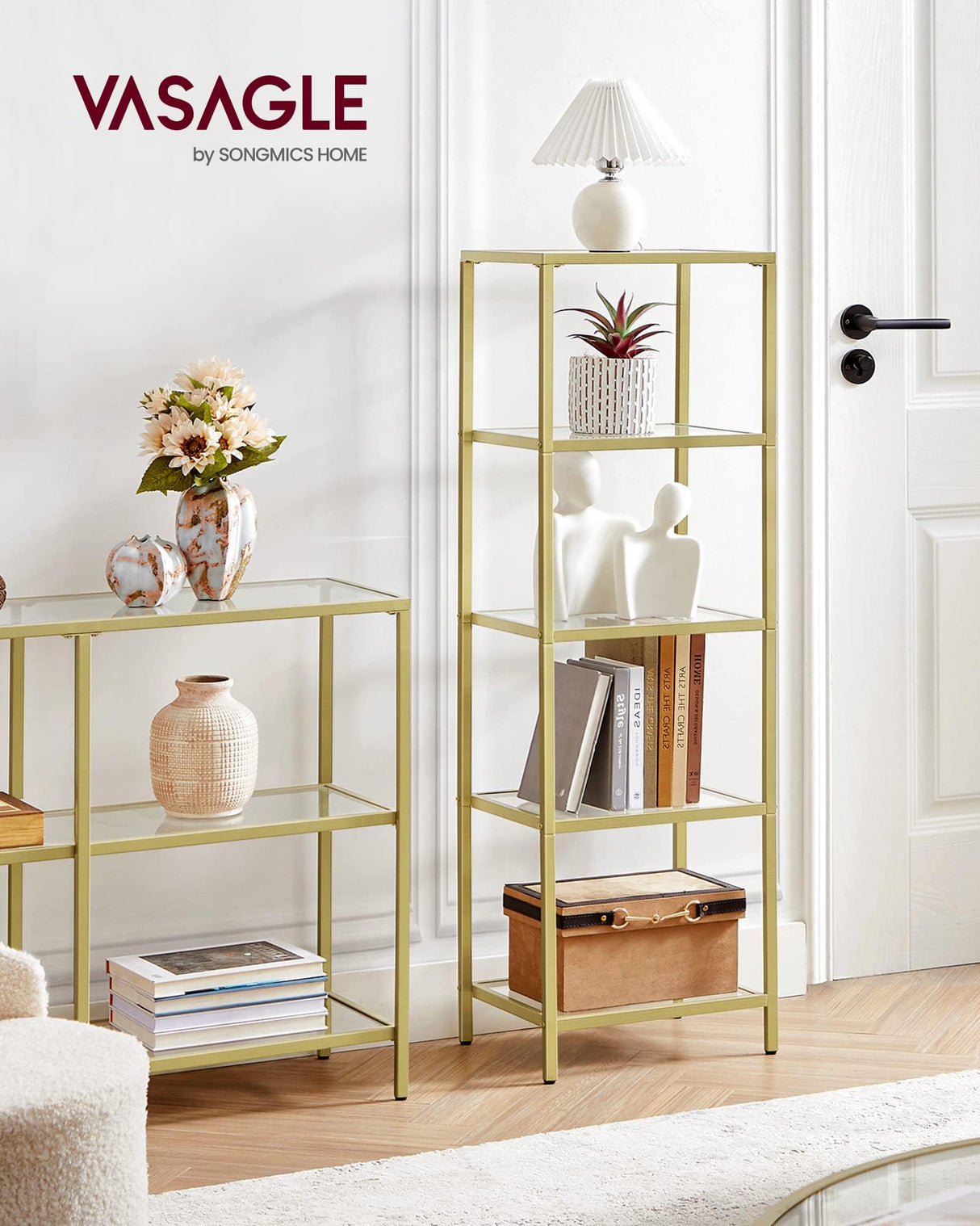 VASAGLE Bookcase, 5-Tier Bookshelf, Slim Shelving Unit for Bedroom, Bathroom, Home Office, Tempered Glass, Steel Frame, Metallic Gold ULGT029A01 VASAGLE