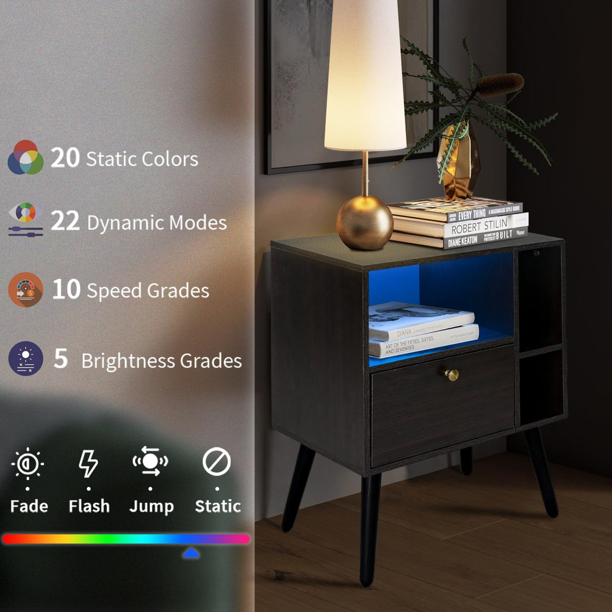 VIWODS Nightstand with Charging Station and LED Lights, Bedside Table with Solid Wood Legs for Bedroom, Black Oak and Blue VIWODS