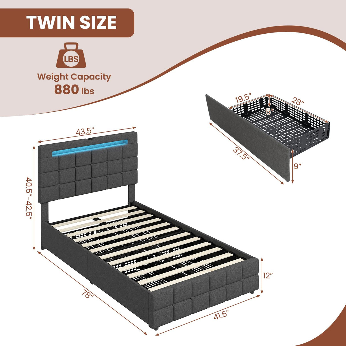Giantex Twin Bed Frame with LED Lights and 4 Drawers, Upholstered Platform Bed Frame with USB Ports, Tufted Adjustable Headboard Design, Solid Wooden Slat Support, No Box Spring Needed Giantex