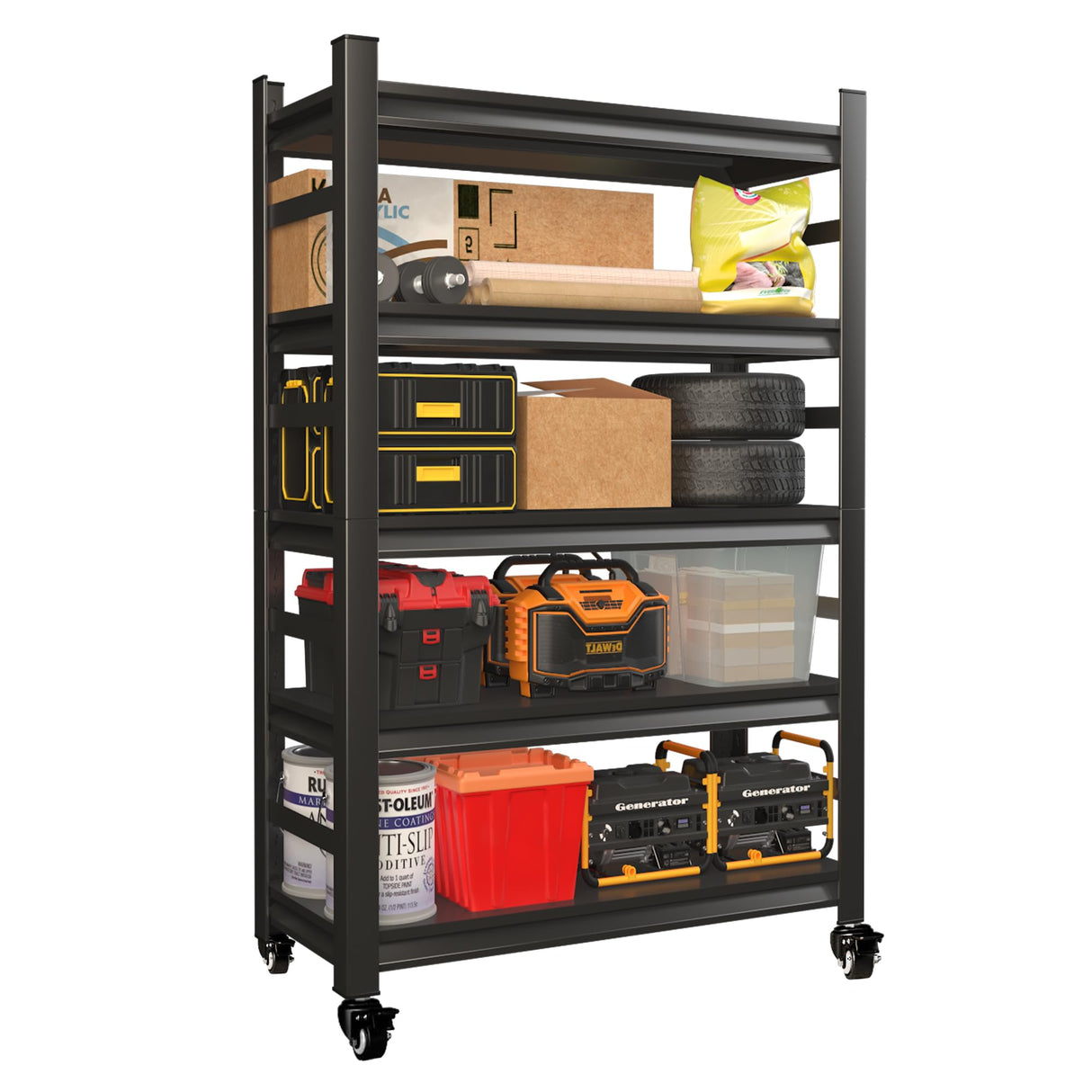 SFTORMAS 72" H Garage Shelving with Wheels Heavy Duty Storage Shelves Adjustable 5 Tier Metal Shelves for Garage Warehouse Basement Industrial Utility Racks,Black,72" HX35 WX15.75 D SFTORMAS