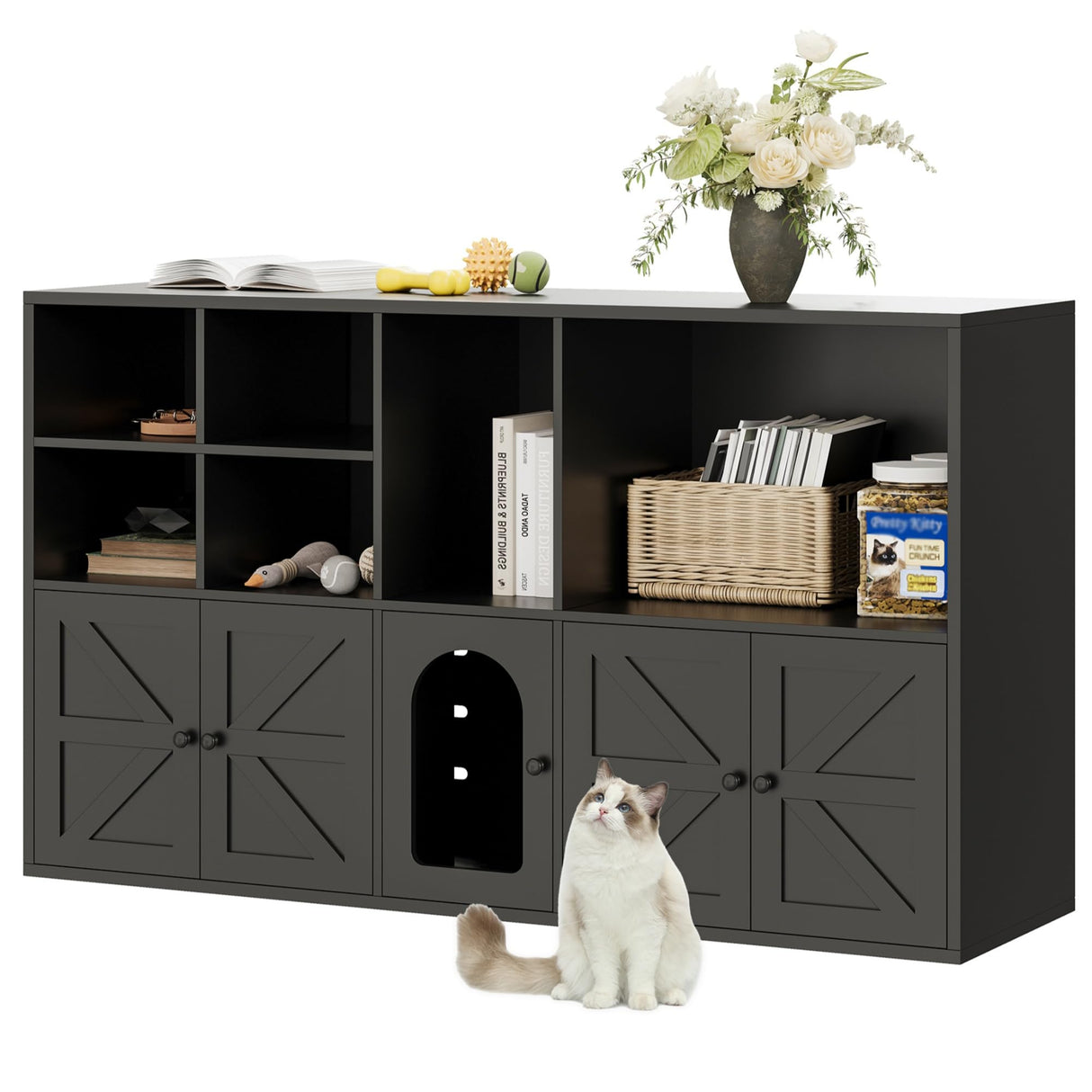 IRONCK Cat Litter Box Enclosure for 2 Cats, Litter Box Furniture Hidden with Double Room and Large Storage Space, Wooden Washroom Furniture, Cat House, Black IRONCK