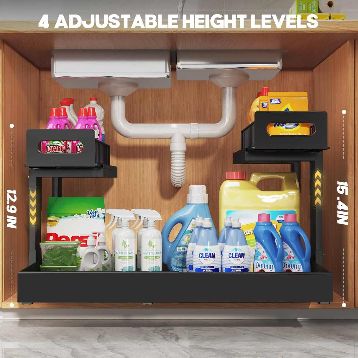 1 Pack Expandable Under Sink Organizers And Storage With Upgrade Ball-Bearing Slide Tracks,2-Tier Pull Out Under Cabinet Organizer Height Adjustable,Slide Out Under Sink Drawers-Black(Patent Pending) Biboraya
