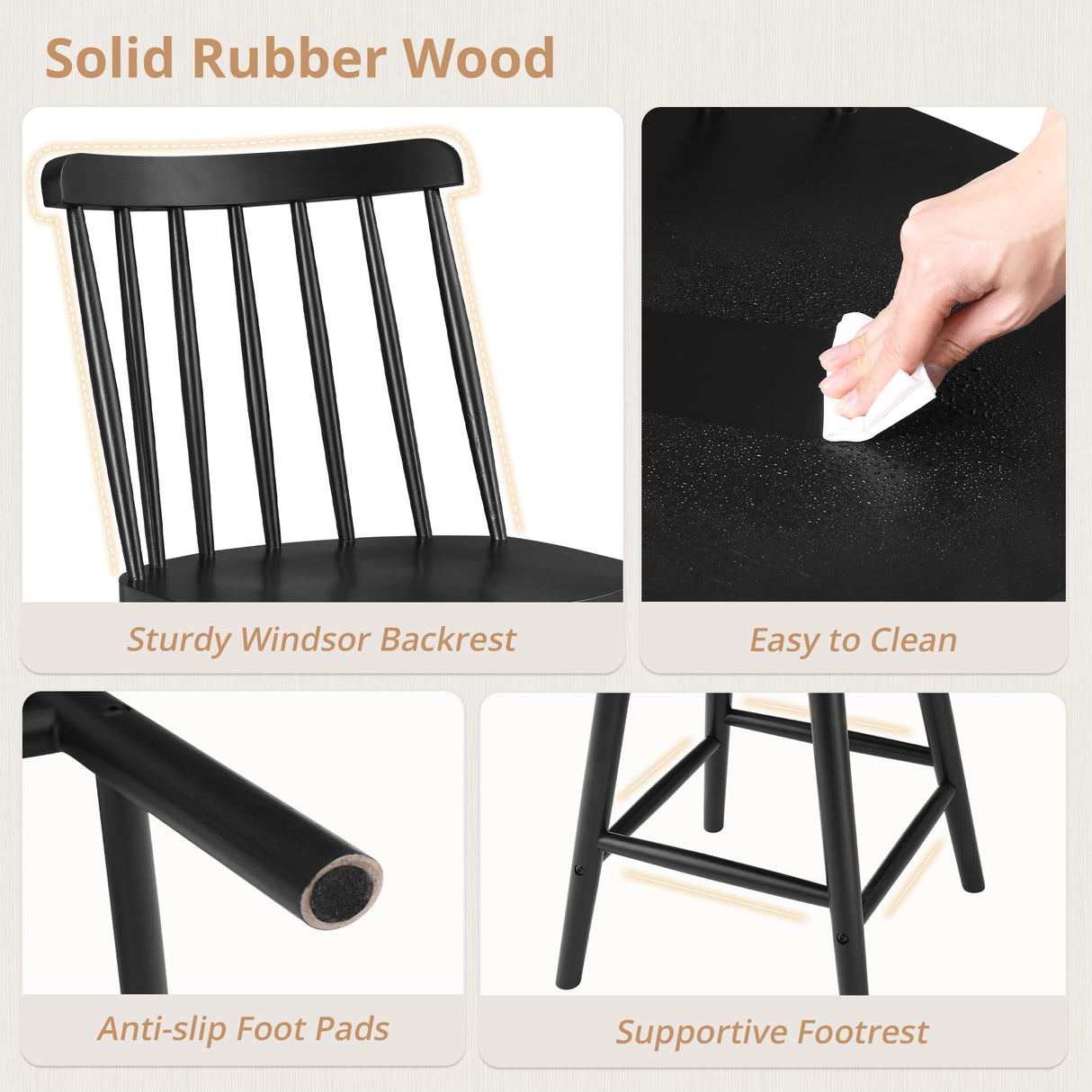 LUE BONA 360° Swivel Bar Stools Set of 4, Black Windsor Barstools, Counter Height Barstool with Spindle Back, 24 inch Farmhouse Wooden Counter Stools for Kitchen Island, Pub, Bistro, Cafe LUE BONA