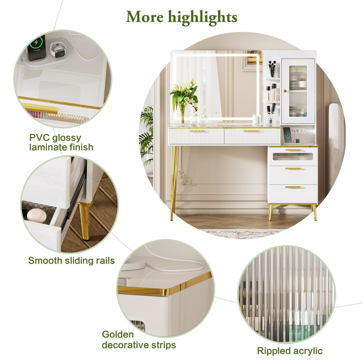 Chrangmay 47.24" Big Modern Vanity Desk with Mirror and Lights,Makeup Vanity Desk with 5 Drawers and Storage Shelves & Power Outlet,Dressing Table with Glass Top, White Chrangmay