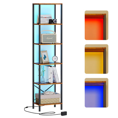 JARHETUN 6-Tier Bookshelf, Tall Narrow Bookcase with LED Lights, Book Shelf with Steel Frame, Display Storage Shelf for Living Room, Bedroom, Home Office, Study, Balcony, Rustic Brown