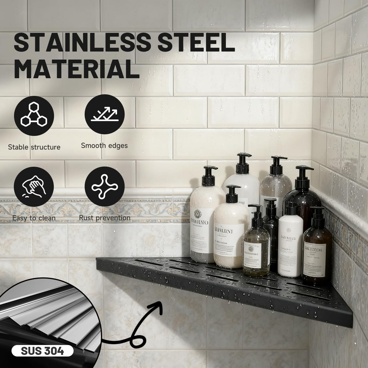BATHLAVISH Corner Shower Shelves 10" Matte Black, 2 Pack 304 Stainless Steel Shower Corner Shelf Recessed Slot Design, Wall Mount Triangle Shower Caddy for Bathroom, Kitchen Organization BATHLAVISH