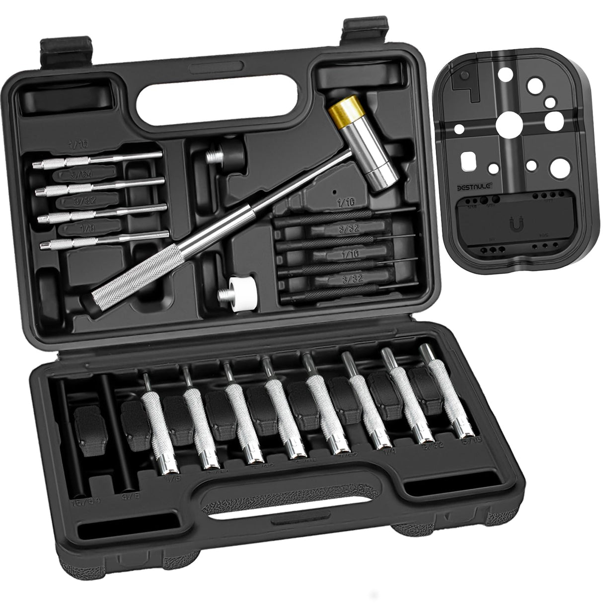 BESTNULE Punch Set, Pin Punches, Punch Tool, Roll Pin Punch Set, Made of High Quality Metal Material Including Punches and Hammer, Mechanical Repair Tool, with Organizer Storage Box (with Bench Block) BESTNULE