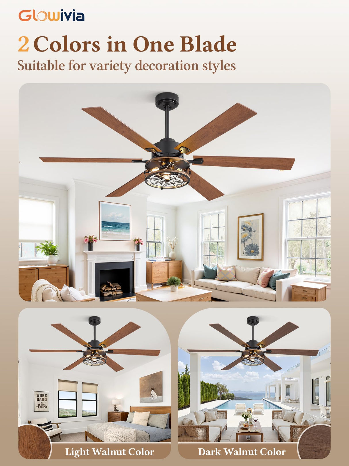 Glowivia 60 Inch Farmhouse Ceiling Fans with Lights and Remote,Black Industrial Caged Plug in Ceiling Fan with 6 Speeds and Reversible DC Motor,Double-Sided 6 Blades for Bedroom Living Room Garage Glowivia