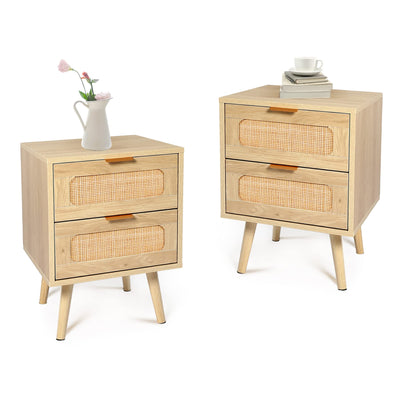 HOPUBUY Nightstands Set of 2 with Rattan Drawer, Modern Night Stand for Bedrooms, Wooden 2 Drawer Bedside Table Side Table for Small Place Living Room and Bedroom (Brown, 2 drawers 2 Pack)