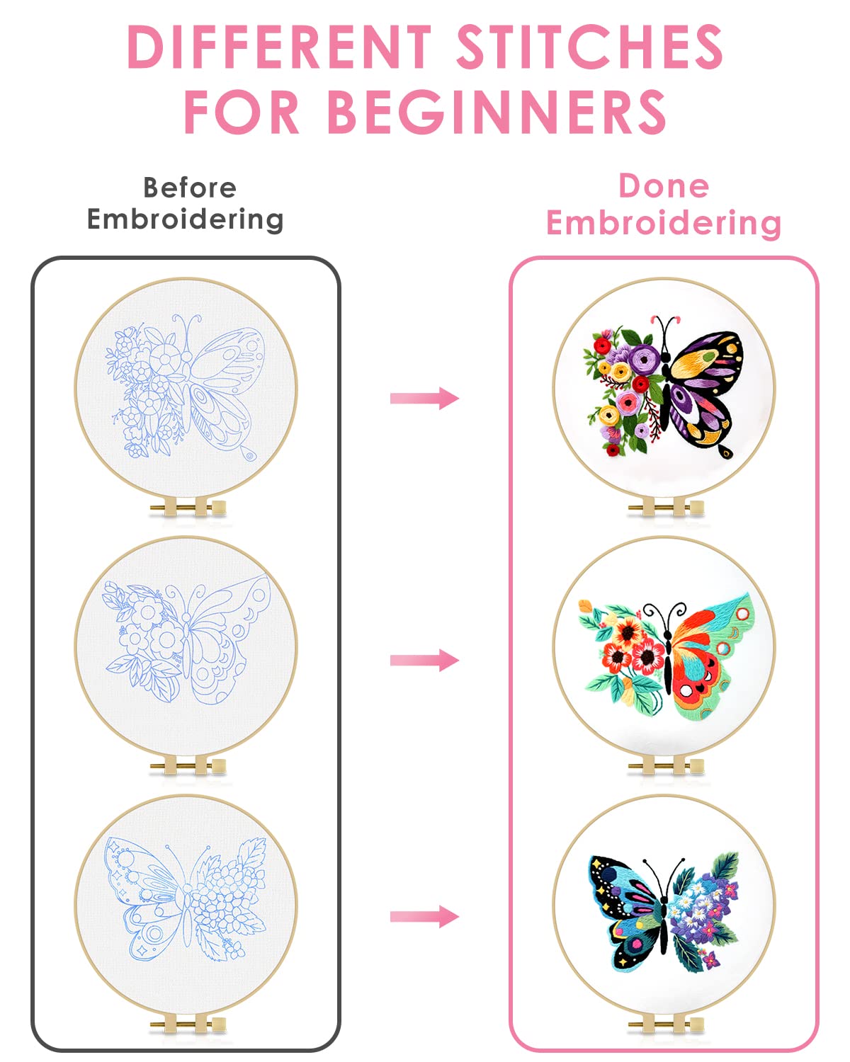 TINDTOP 3 Sets Embroidery Stitch Practice kit, Butterfly Flower Embroidery Kit for Beginners Include Cloth Hoops Threads for Craft Lover Hand Stitch with Embroidery Skill Techniques TINDTOP