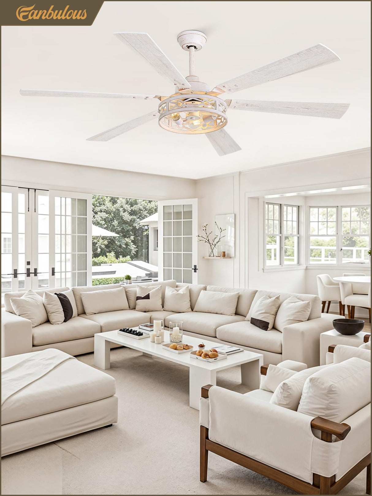 Fanbulous 65 Inch Ceiling Fan with Lights, Farmhouse Caged Ceiling Fans with Remote, White Industrial Ceiling Fans with Quiet Reversible DC Motor, Large Ceiling Fan for Living room, Bedroom Fanbulous