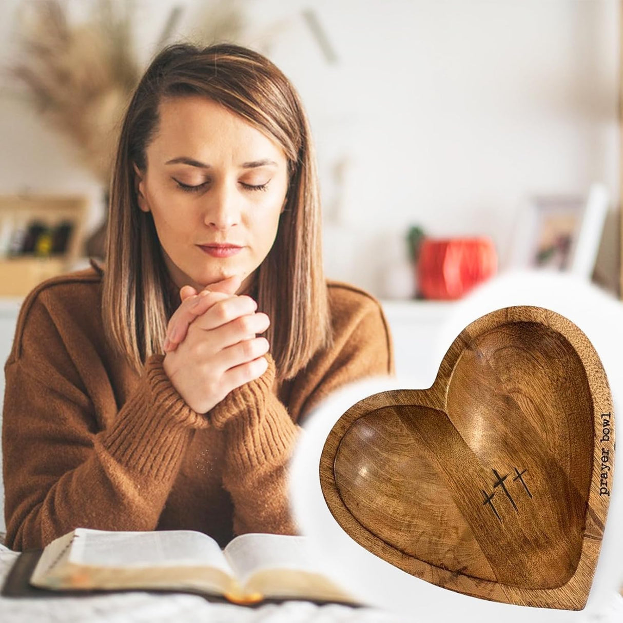BIXMK Prayer Bowl,Prayer Bowl Wooden with Cards,Wooden Heart Prayer Bowl with Cross,Handcrafted Prayer Bowl for Women with 24 Prayer Cards,Wood Dough Bowl BIXMK