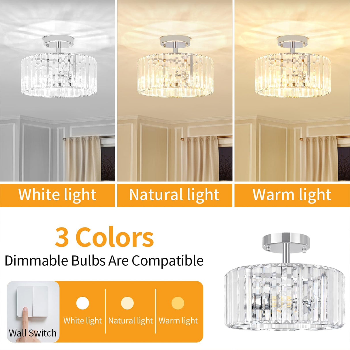 TOULMJ 3-Light Crystal Semi Flush Mount Ceiling Light, Modern Chrome Crystal Round Close to Ceiling Light Fixture for Bedroom Kitchen Island Hallway Foyer Entryway, Chrome Finish TOULMJ
