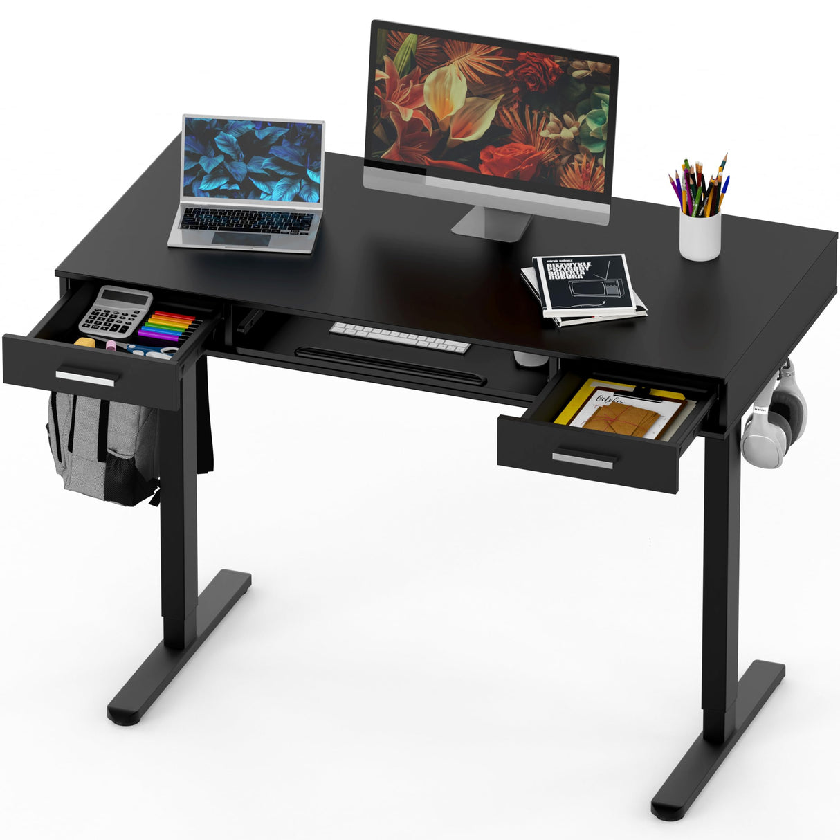 SHW 48-Inch Electric Height Adjustable Desk with Keyboard Tray and Two Drawers, Black SHW