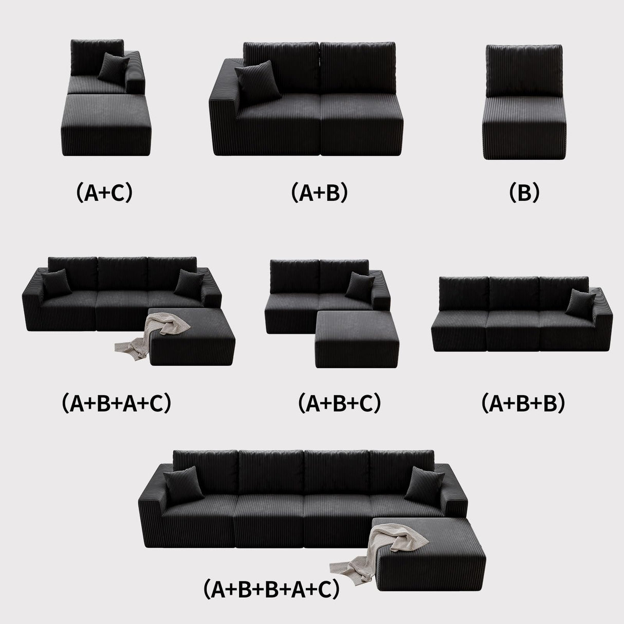 YHMEIXH 139" Black sectional couches for Living Room, Modular Sectional Sofa withDeep Seat, Boneless Sofa for Living Room, L-Shape Boneless Couch for Apartments Bedroom, No Assembly Required (Right) YHMEIXH