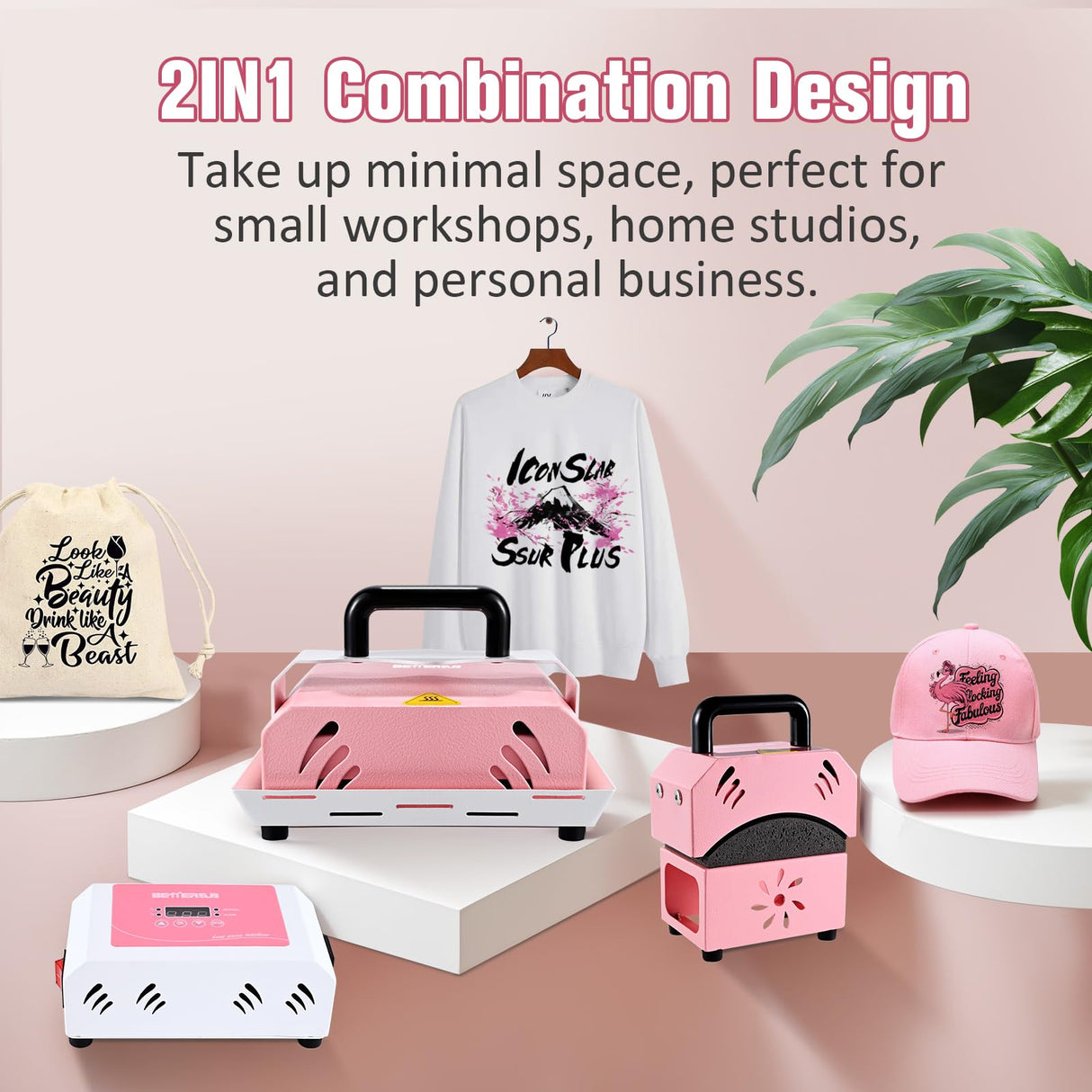 BetterSub 2in1 Combo Mini Portable Hat Press Heat Press Machine for Caps, T-Shirts, Bags, Handheld Easy Press for Vinyl, Sublimation, Heat Transfer Projects (Pink) BetterSub