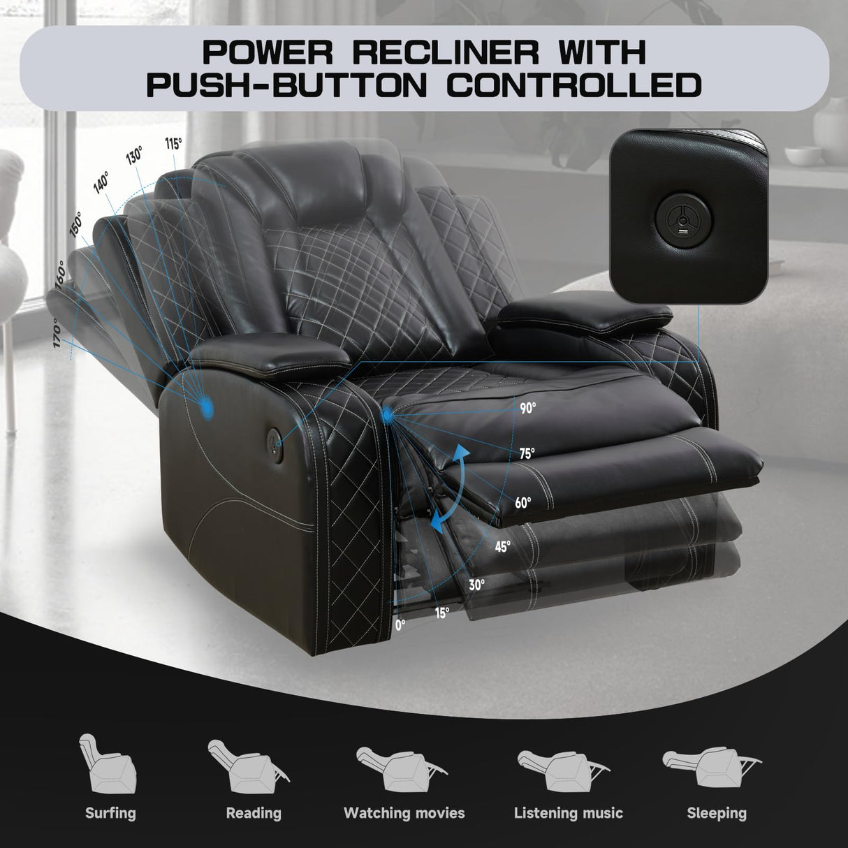 PU Leather Power Wall Hugger Chair Double Reclining Sectional Sofa 3-Seater Loveseat Couch with Reversible Coffee Table, Wireless Chargers, USB Port and Ambient LED Light for Living Room RV Theater NicBex