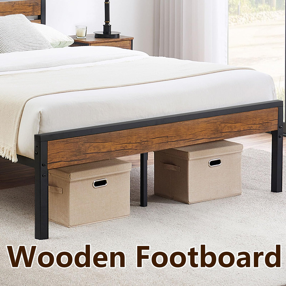 SunnyFurn Rustic Full Bed Frame with Headboard,Metal Platform Farmhouse Bed Frame Wood Slat,Sturdy Heavy Duty Bed Frame,No Box Spring Needed,Easy Assembly,Under Bed Storage, Rustic Brown, Full Size SunnyFurn