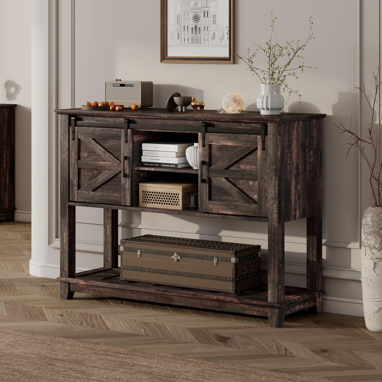 LUXOAK Farmhouse Entryway Table with Sliding Barn Doors, 46" Sofa Table for Living Room, Console Table with Storage, Dark Rustic Oak LUXOAK