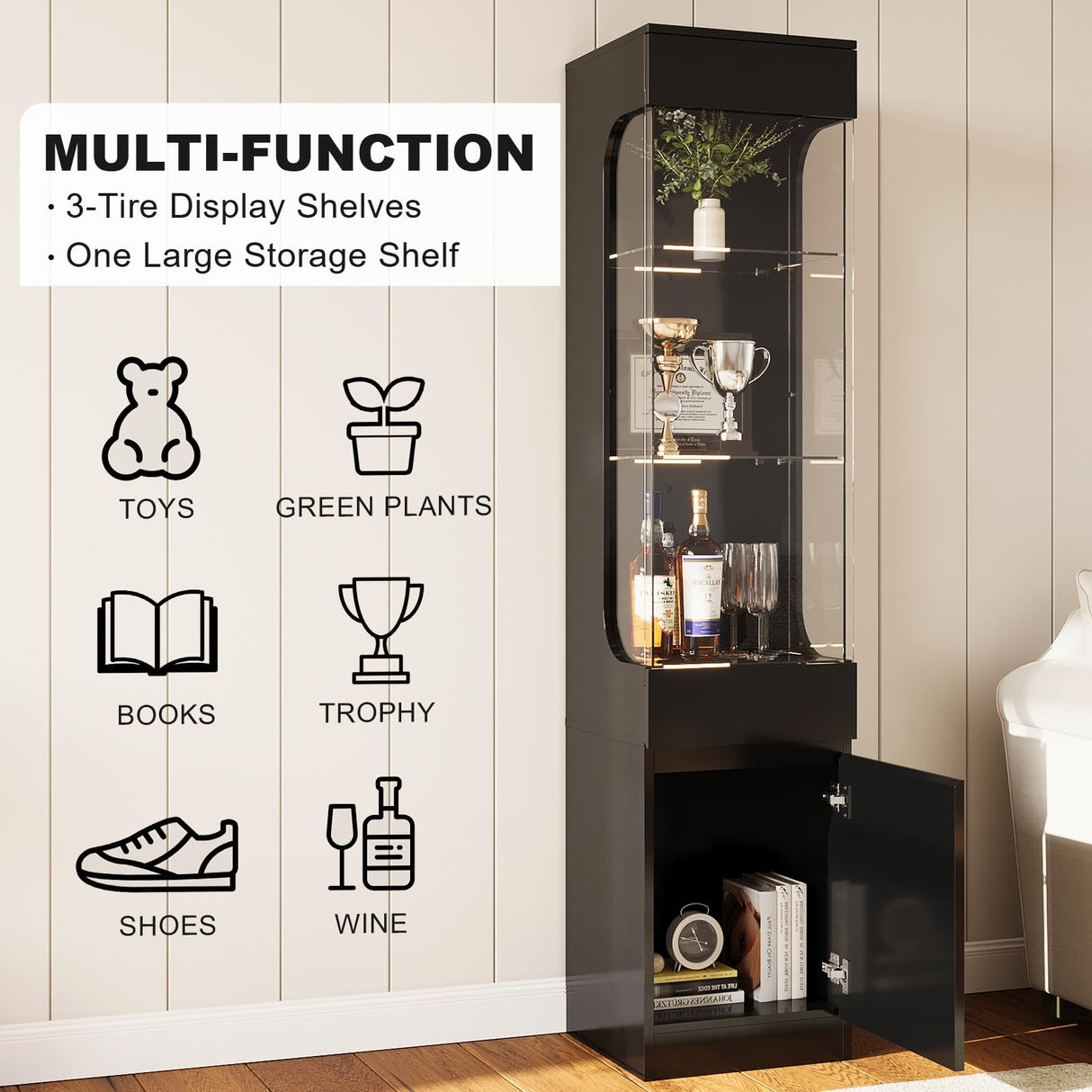 MEISSALIVVE Glass Display Cabinet, 3-Tier Display Case with 7 Color Led Lights, 70.87''H Lighted Curio Cabinet for Collectibles, Trophy, High Gloss, Black MEISSALIVVE