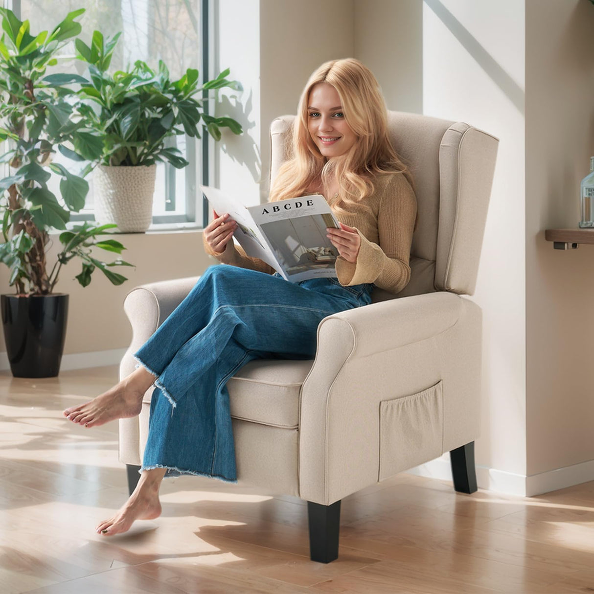 Jocisland Pushback Recliner Chair, Modern Fabric Wingback Armchair with Storage Pockets and Wood Legs, Classic Living Room Single Sofa for Small Spaces, Linen, Beige Jocisland