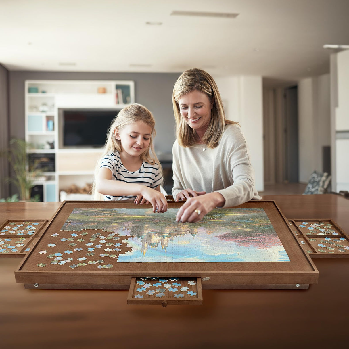 HALLYBEE Puzzle Table 1500 Pieces Wooden Puzzle Board with Legs, 34.3”x 26.5” Jigsaw Board with 4 Drawers and Cover, Foldable Leg Jigsaw Table for Adults Cho Brown HALLYBEE