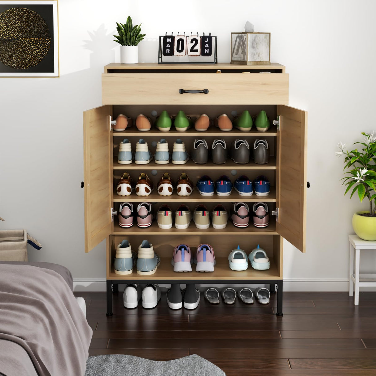 Loomie Rattan 5-Tier Shoe Storage Cabinet with Doors, Drawer & Cubby, 44.3" Boho Shoe Organizer for Entryway Hallway Closet (Natural) Loomie