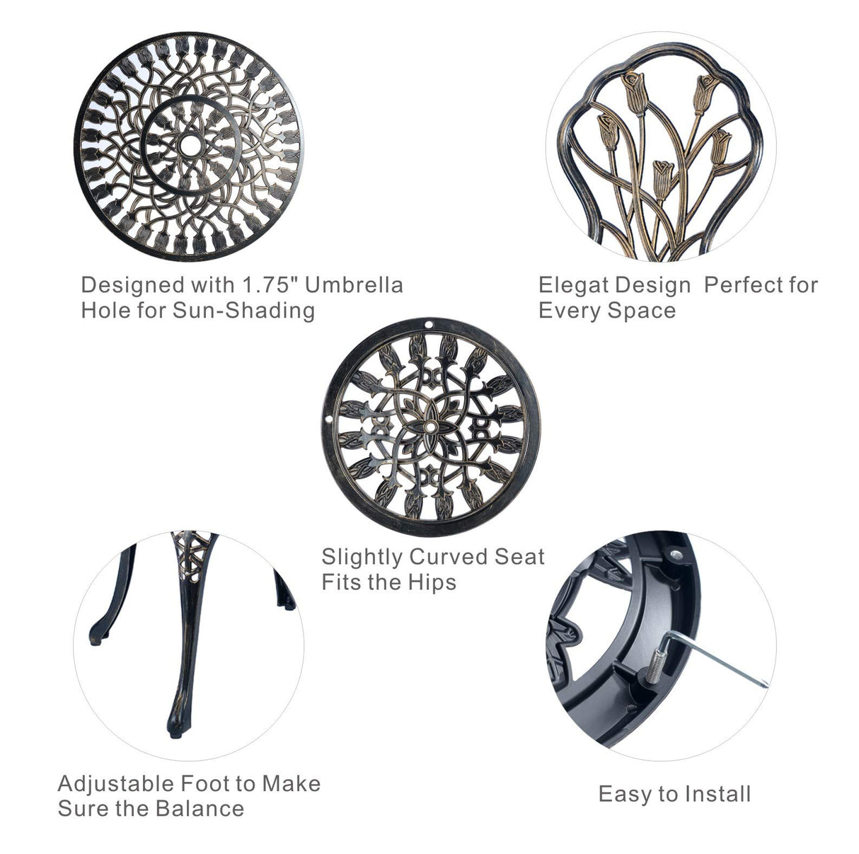 CG 3 Piece Bistro Set, Outdoor Patio Set, Anti-Rust Cast Aluminum Bistro Table Set for Park Yard Front Porch Furniture, Tulip, Antique Copper C/G