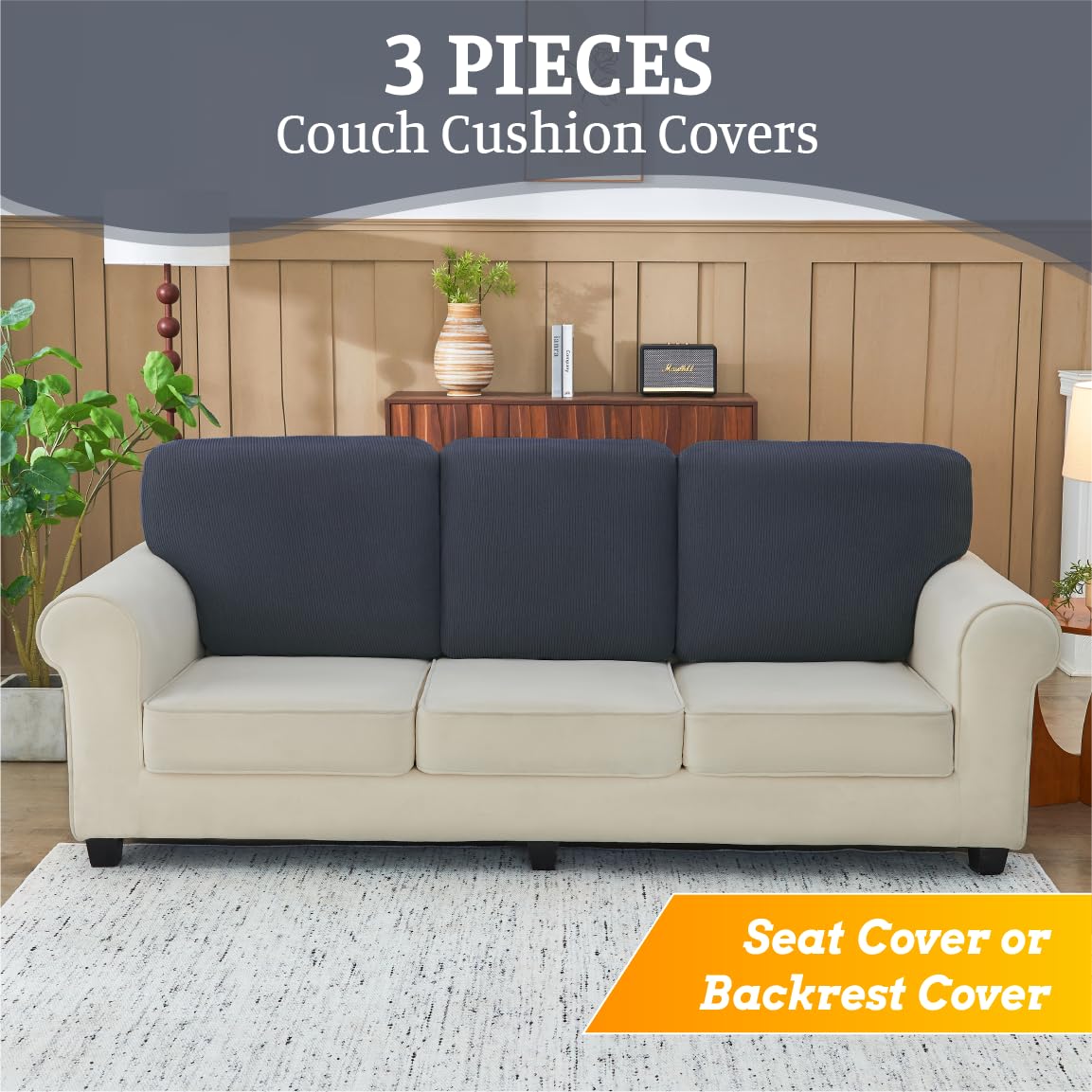 BT.WA Sectional Couch Covers for Sofa Cushion L Shaped Couch Cover Washable Soft Couch Cushion Covers Stretch Sofa Slipcovers(3-Piece for Sofa Seat or Backrest, Dark Grey) BT.WA