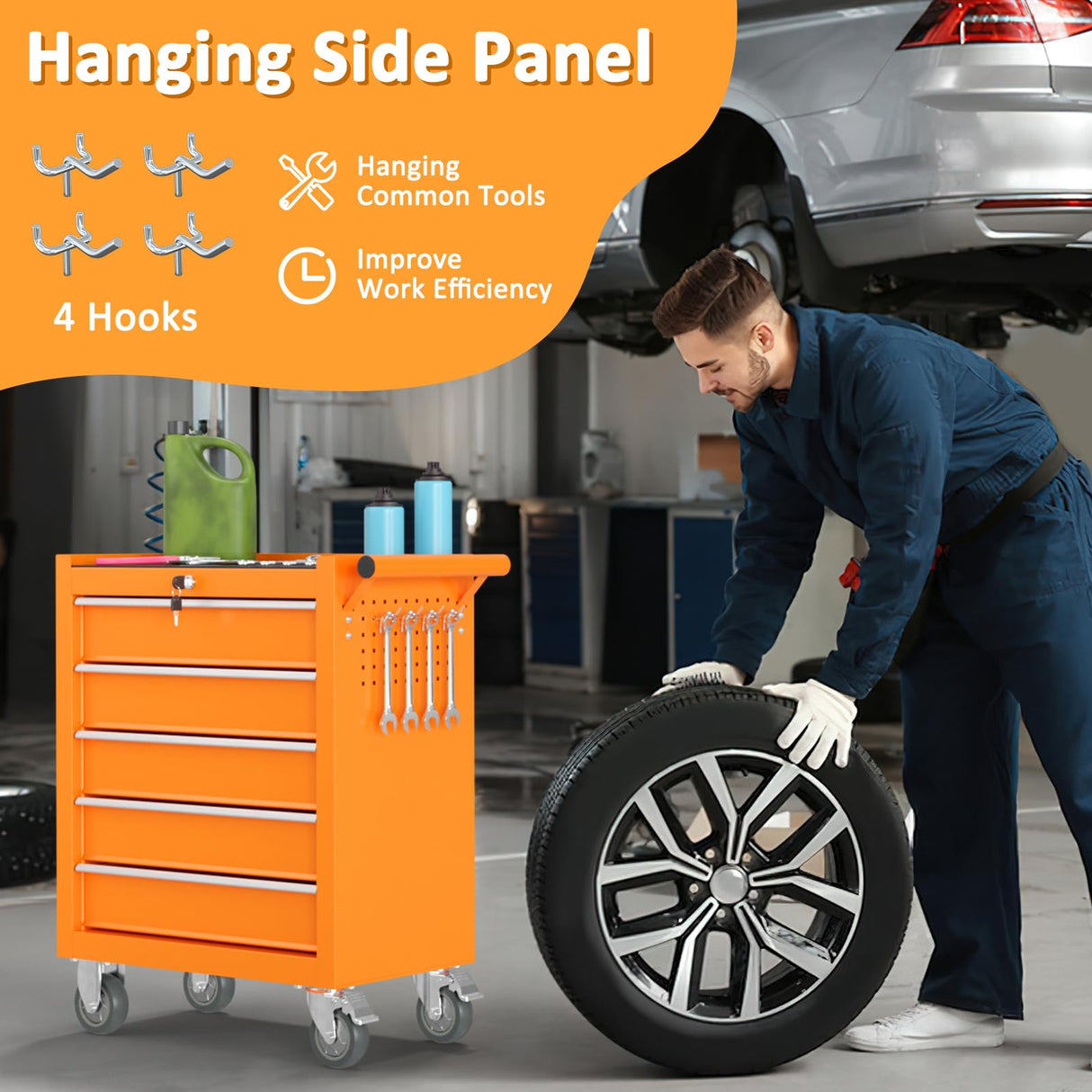 Granper 5-Drawer Tool Chest Tool Box with Wheels Movable Rolling Tool Chest High Capacity Tool Chest with Wheels Heavy Duty Tool Cabinet for Workshop, Garage, Mechanics and Repair Room(Orange) Granper