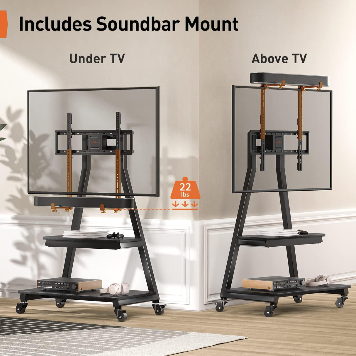 Perlegear Mobile TV Stand with Soundbar Mount, Rolling Floor TV Stand with Wheels for 43-80" TVs up to 132lbs, Mobile TV Cart with Storage Shelves, Tilt Swivel Corner TV Cart Max VESA 600x400mm Perlegear